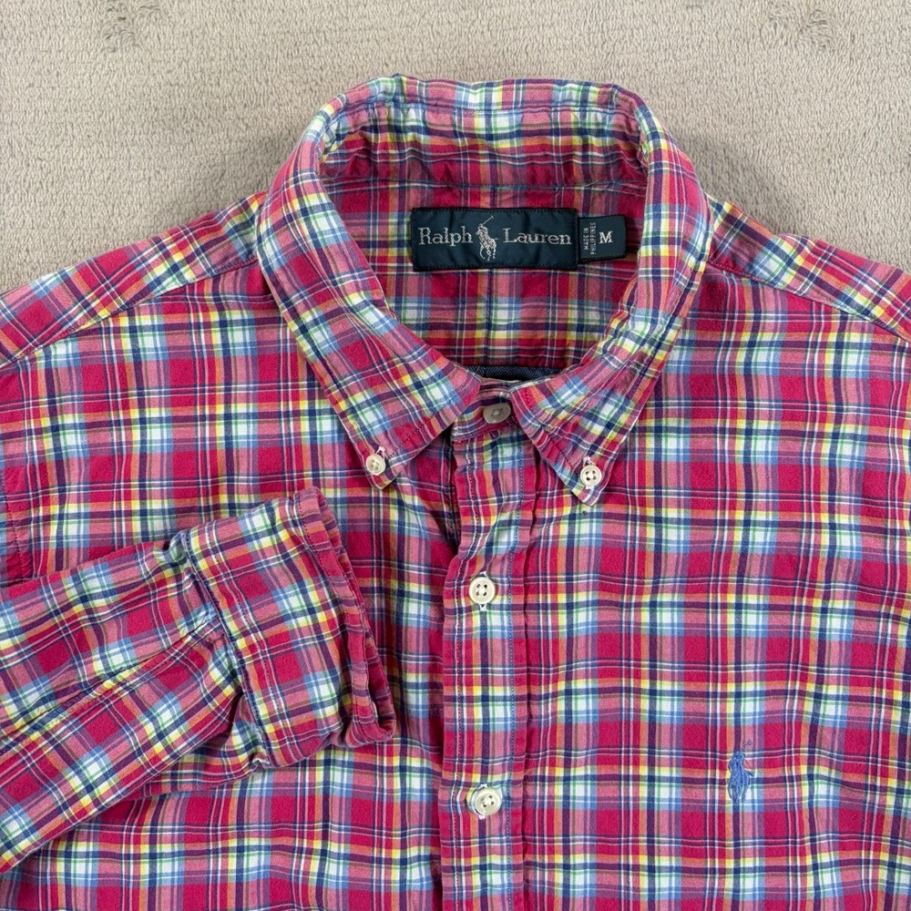 Polo Ralph Lauren Double Layer Oxford Shirt Men Medium Pink Multi Plaid Pony
